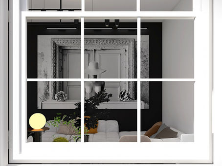 Vue d'une fenêtre montrant un salon moderne, canapé blanc, lampe ronde jaune, plantes, et cadre mural en noir et blanc. Ambiance chic.