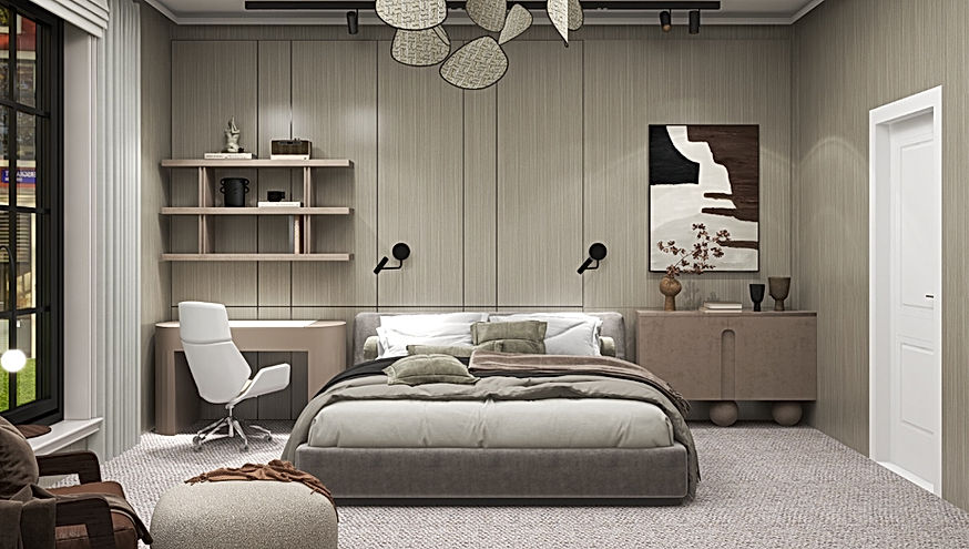 A young adult son who is preparing to start university. The design for his bedroom needed to strike a balance between comfort, functionality, and style, ensuring that it would serve as both a retreat and a productive space for studying and relaxing.