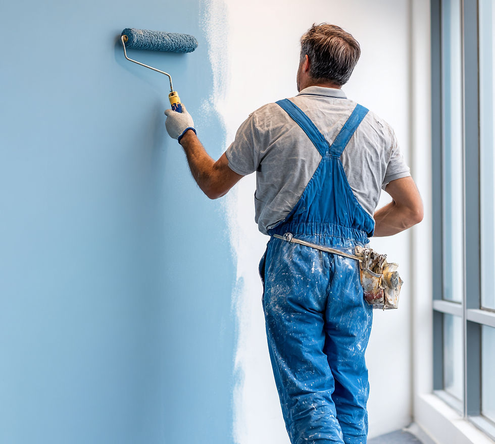 A painter wearing blue overalls painting a wall