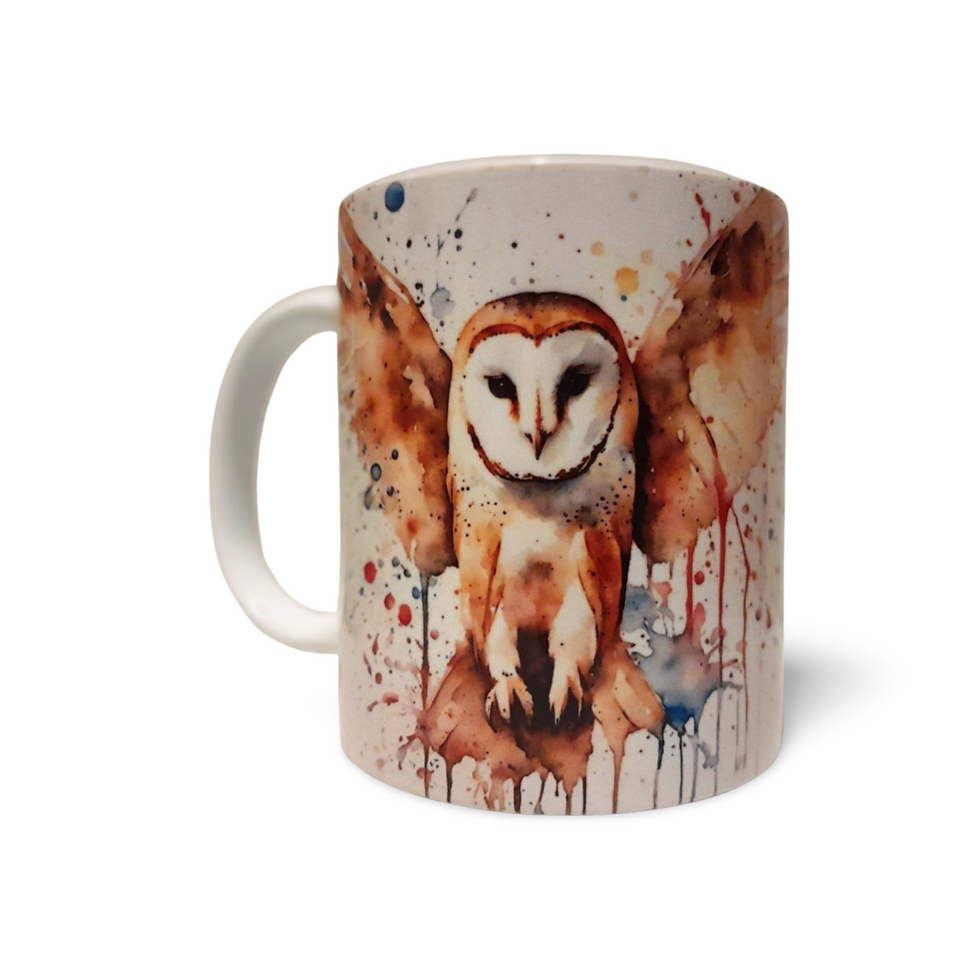 Thumbnail: Barn Owl Watercolour Mug, Hand Printed Ceramic, Optional Coaster