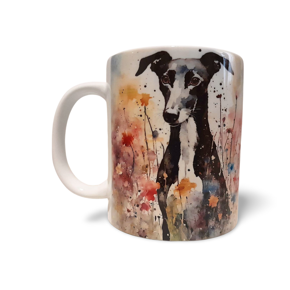 Thumbnail: Black Greyhound Portrait Watercolour Mug, Hand Printed Ceramic, Optional Coaster
