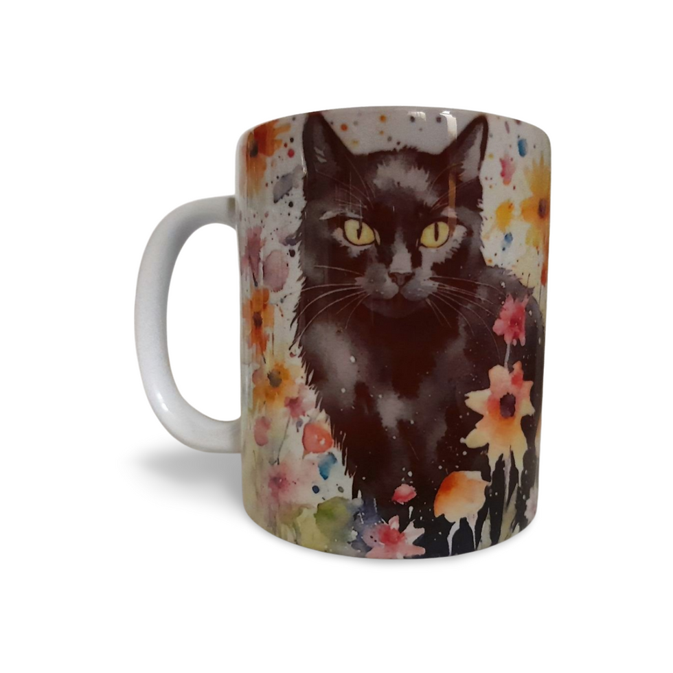 Thumbnail: Black Cat in Flowers Watercolour Mug, Hand Printed Ceramic, Optional