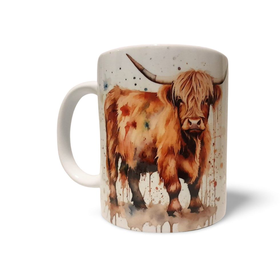 Thumbnail: Highland Cow Watercolour Mug, Hand Printed Ceramic, Optional Coaster