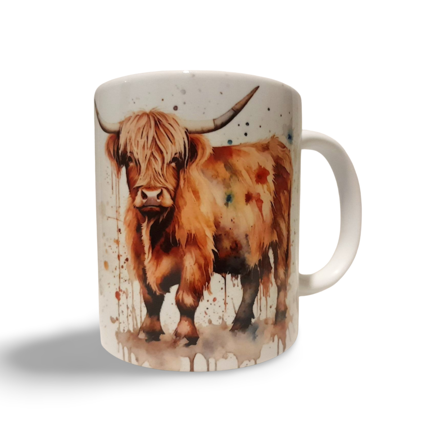 Highland Cow Watercolour Mug, Hand Printed Ceramic, Optional Coaster