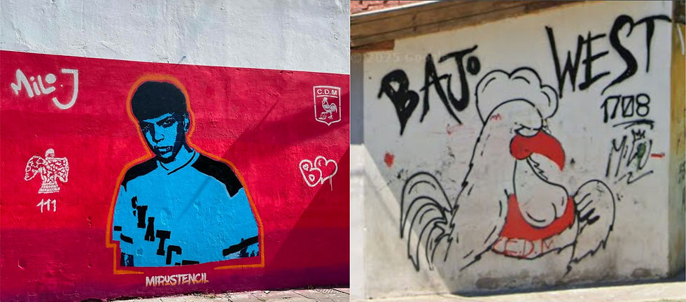 Murales del cuartel de bomberos (izq.) y de Pache y Angelelli (der.), firmados por el propio Milo J.