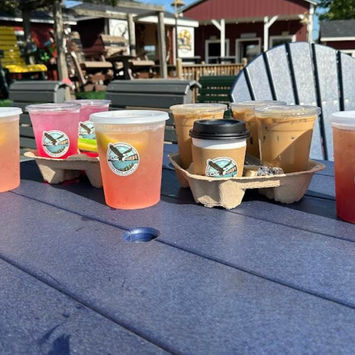Colorful drinks with bird logo on a blue outdoor picnic table.