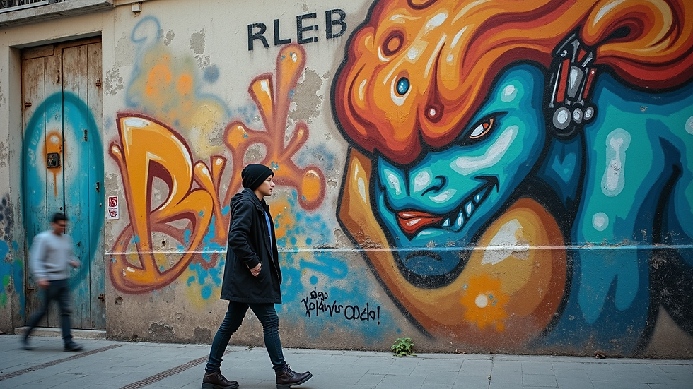Vue en contre-plongée d’une fresque de street art colorée sur un mur parisien