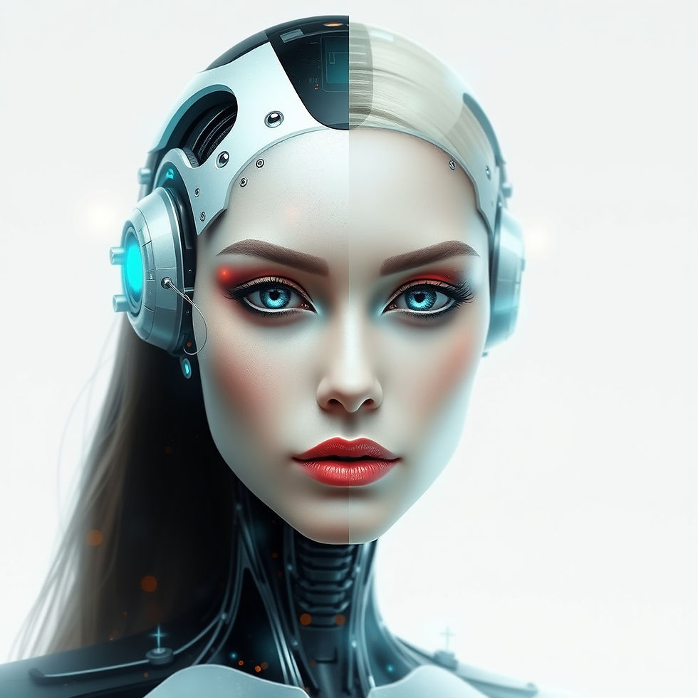 Abstract image of a beautiful creative who is half human - half AI Agent Robot (mixed gend