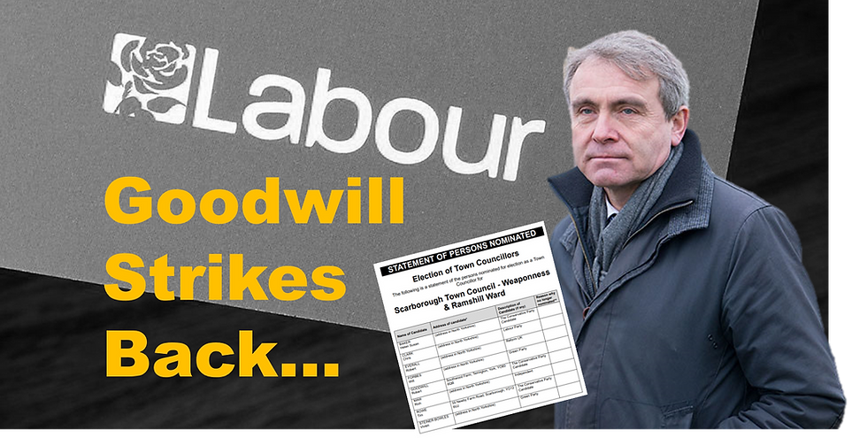 Robert Goodwill looking sad, the Statement of Persons Nominated for Weaponess and Ramshill ward and a grey-scale Labour logo