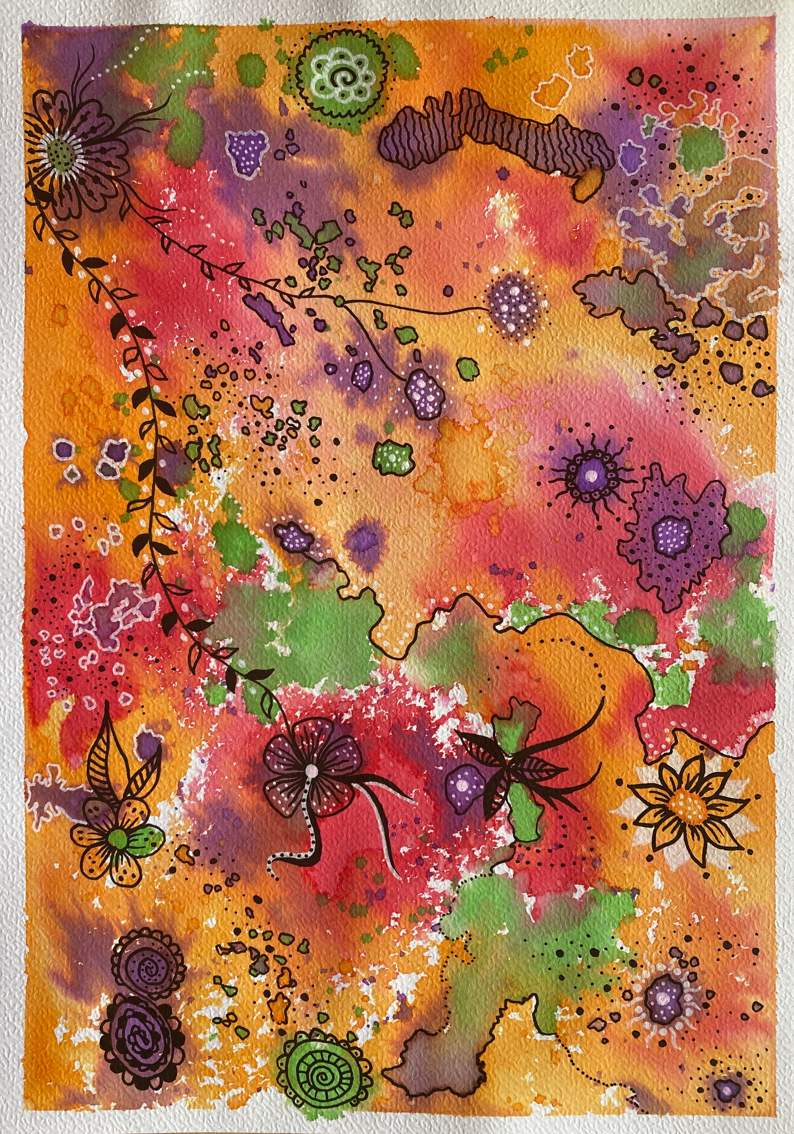 Rivière de fleurs 🌸 4, A4, encre et posca