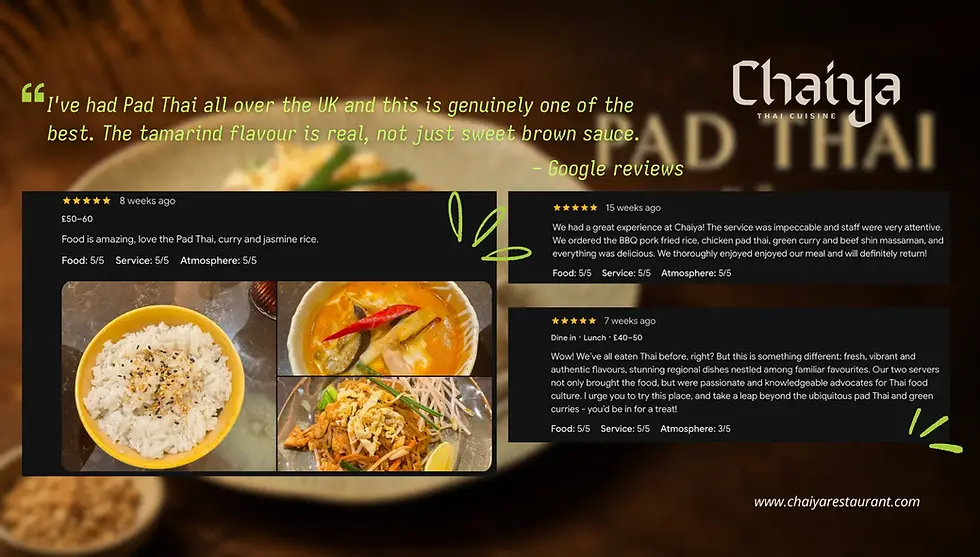 Chaiya Thai cuisine promo with Google review quotes and photos of Pad Thai, curry and jasmine rice on a dark background.