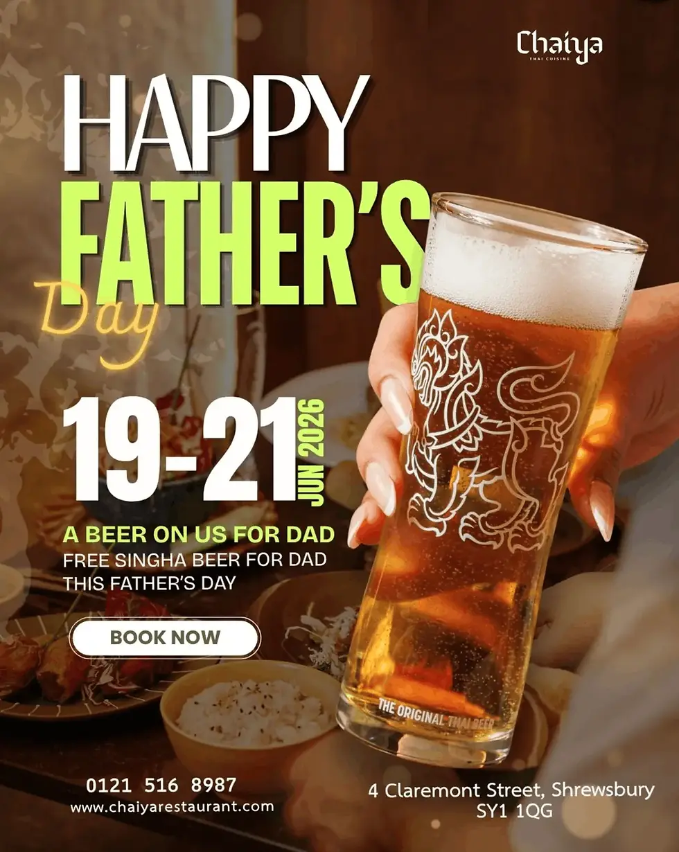 Father’s Day promo poster at Chaiya Thai Cuisine: hand holds beer, Happy Father’s Day, Jun 19-21 2026, Book Now.