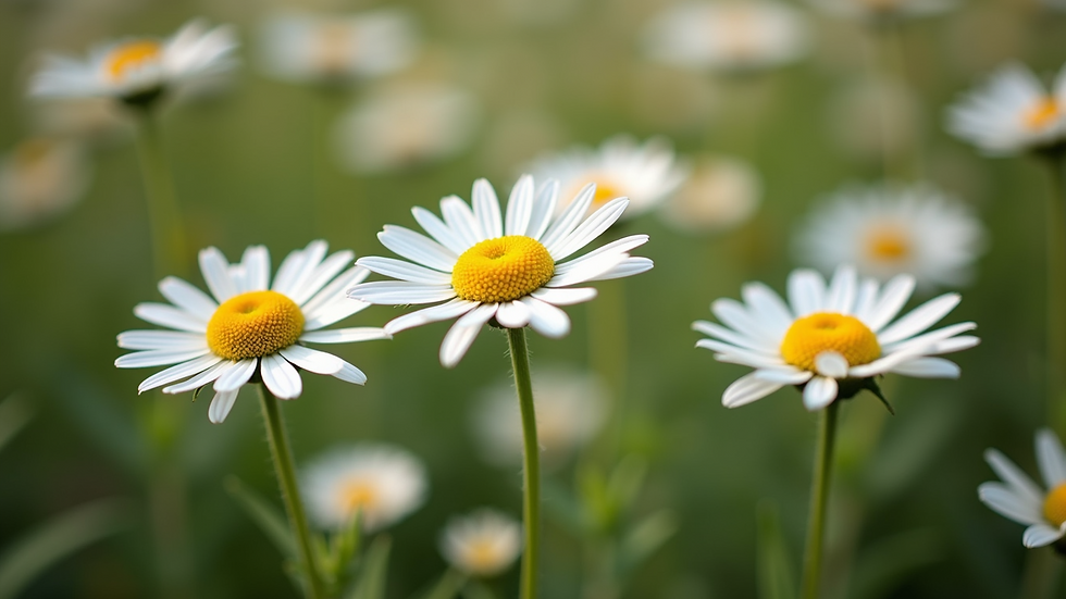 High angle view of fresh chamomile flowers in a garden