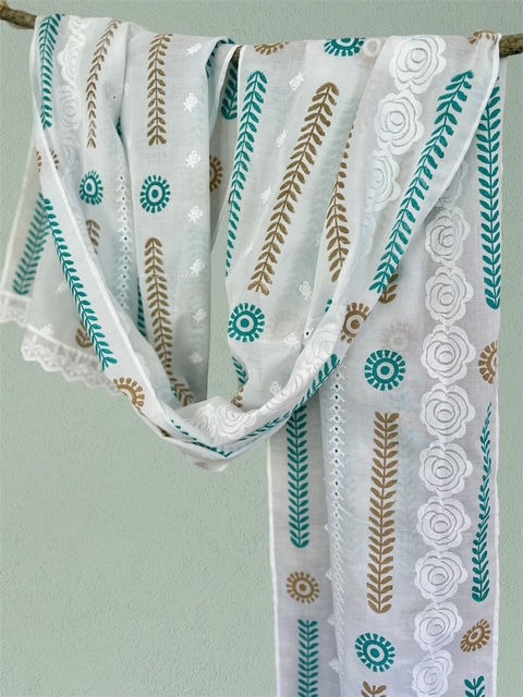 Thumbnail: Border Anglaise Aqua Cotton Scarf