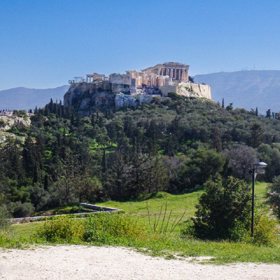 A panoramic view of the Acropolis and the Parthenon from the summit of the Hill of the Muses