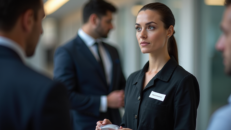 Close-up view of professional event staff member wearing a branded uniform
