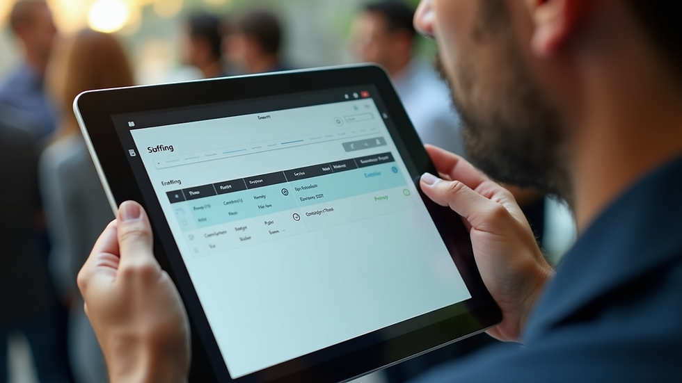 Close-up view of a tablet displaying an event staffing schedule with real-time updates