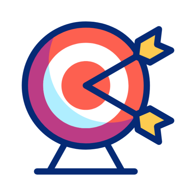 Colorful archery target on a stand with two yellow arrows hitting the bullseye on a white background