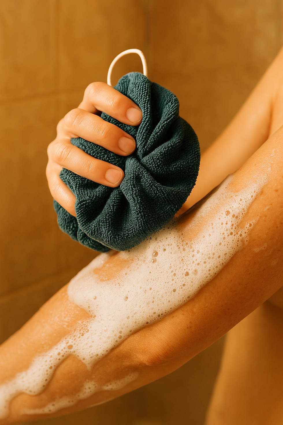 Miniature : Texture douce de l’éponge de bambou d’une fleur de douche lavable.