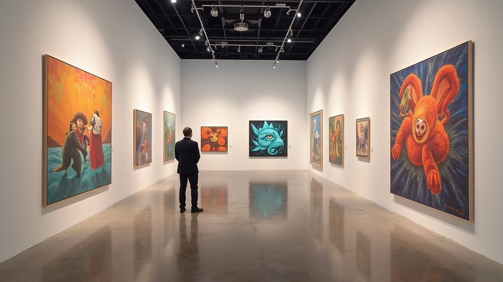 Eye-level view of a vibrant online art exhibition showcasing diverse artworks