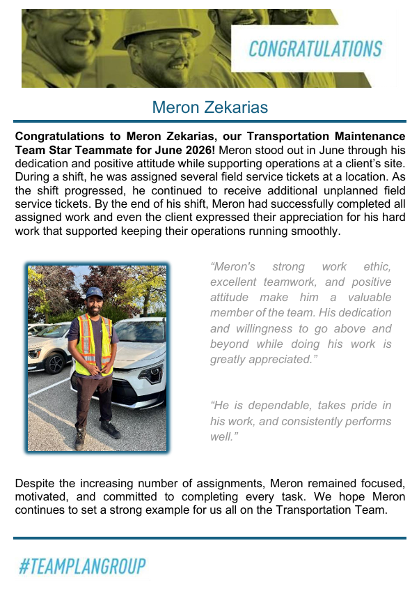 Congratulations to Meron Zekarias June Star Teammate!