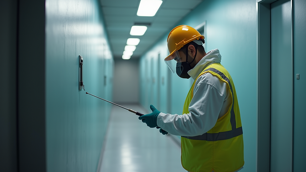 Close-up view of a pest control technician inspecting a facility