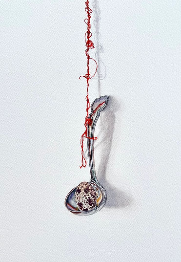 watercolour painting of a soup ladle with a quail egg hanging by a knotted silk embroidery thread