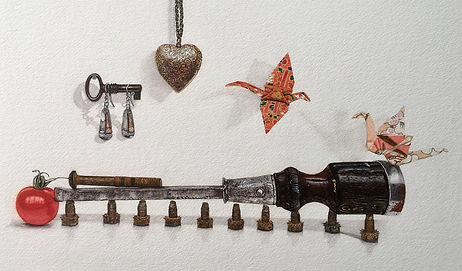 Watercolour painting of Heart Locket, Origami Birds, screws, screwdriver,tomato, love apple, silver earrings and key