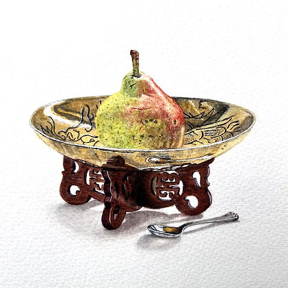 watercolour painting of a pear sitting in a brass and wooden chinese fruit bowl