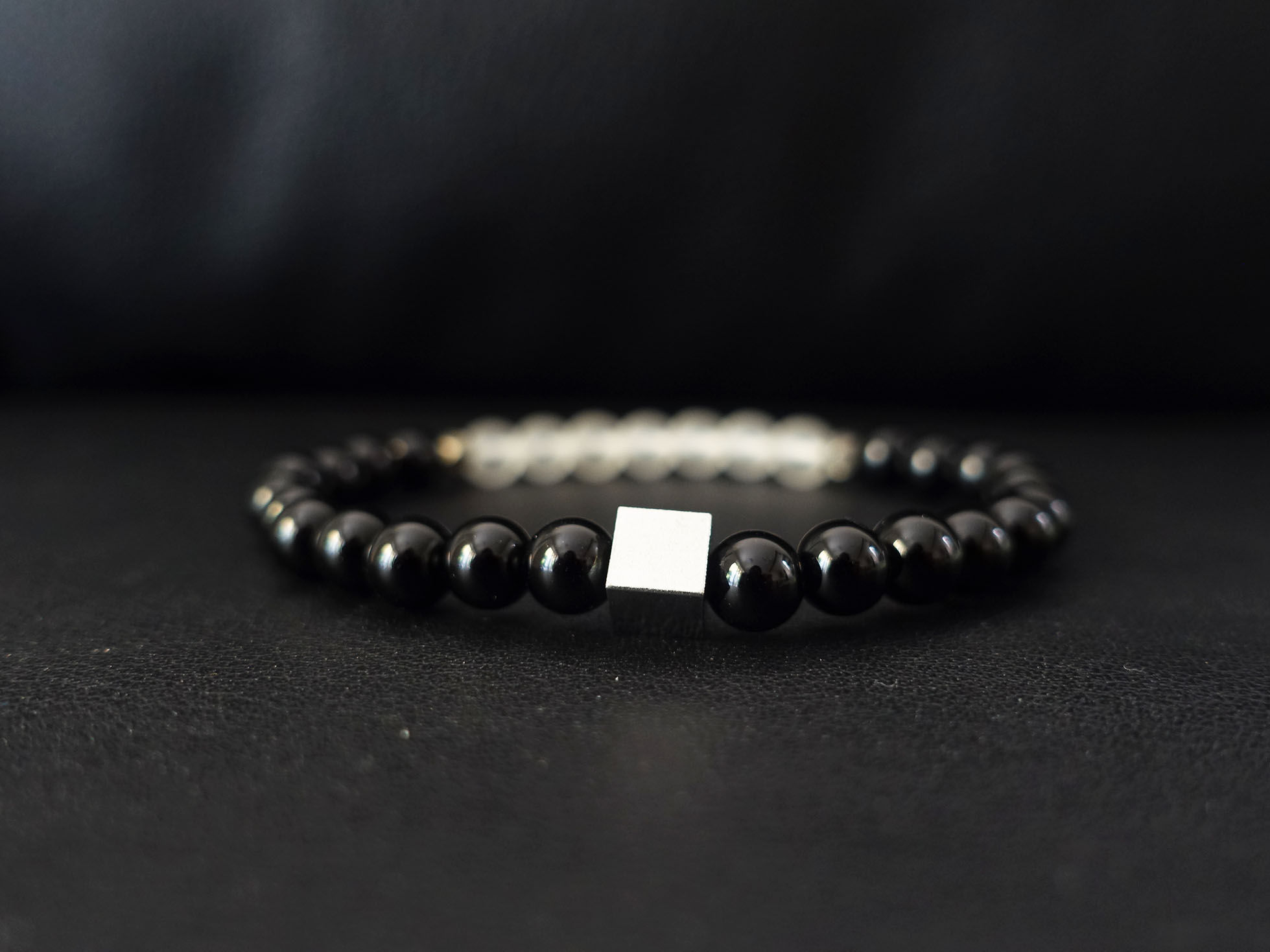 Silver Cube Black Onyx Beaded Bracelet