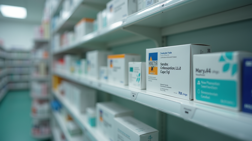 Eye-level view of a pharmacy shelf with various medication boxes