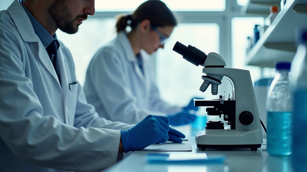 Eye-level view of a laboratory with scientific equipment and a microscope