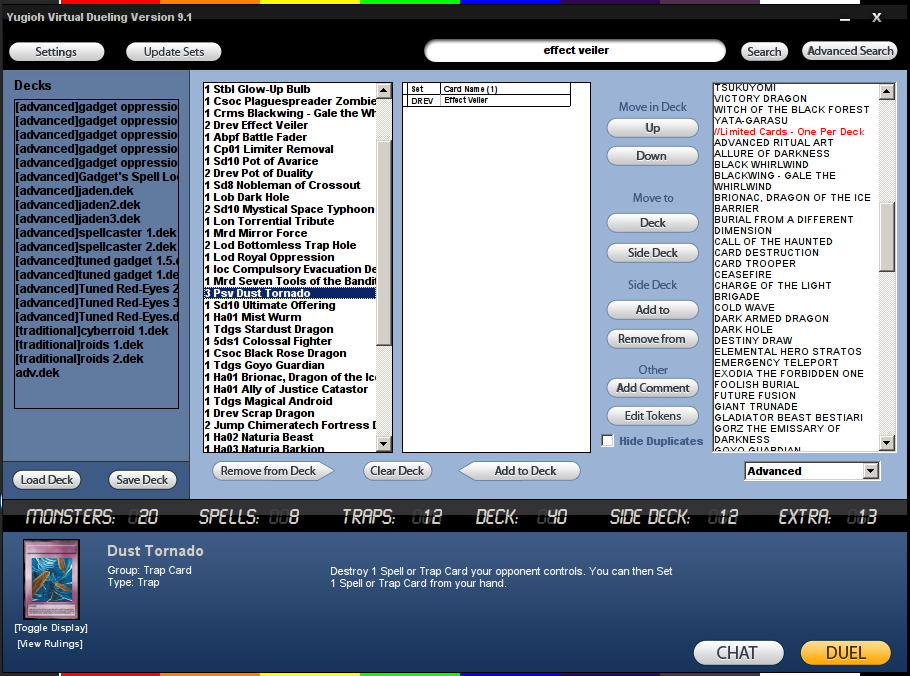 Yu-Gi-Oh Virtual Desktop's Deck Building System