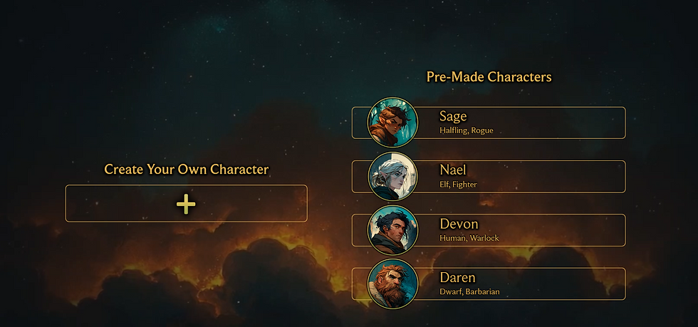 Everweave's character creation screen featuring pre-made Rogue, Fighter, Warlock and Barbarian