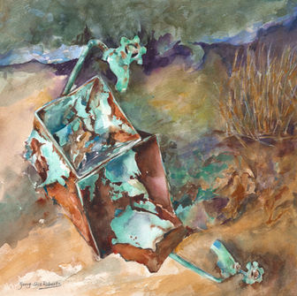 Original Watercolor painting of Rusted Flower Planters in the Others collection. This painting is For Sale.