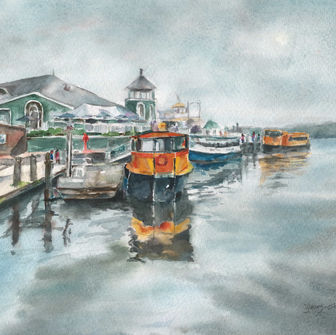 Original Watercolor painting of Marine Taxis in the Others collection. This painting is For Sale.