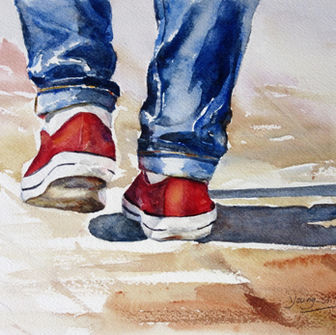 Original Watercolor painting of Red Sneakers in the Others collection. This painting is For Sale.