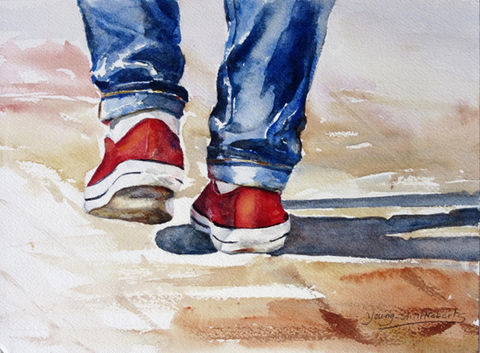 Original Watercolor painting of Red Sneakers in the Others collection. This painting is For Sale.