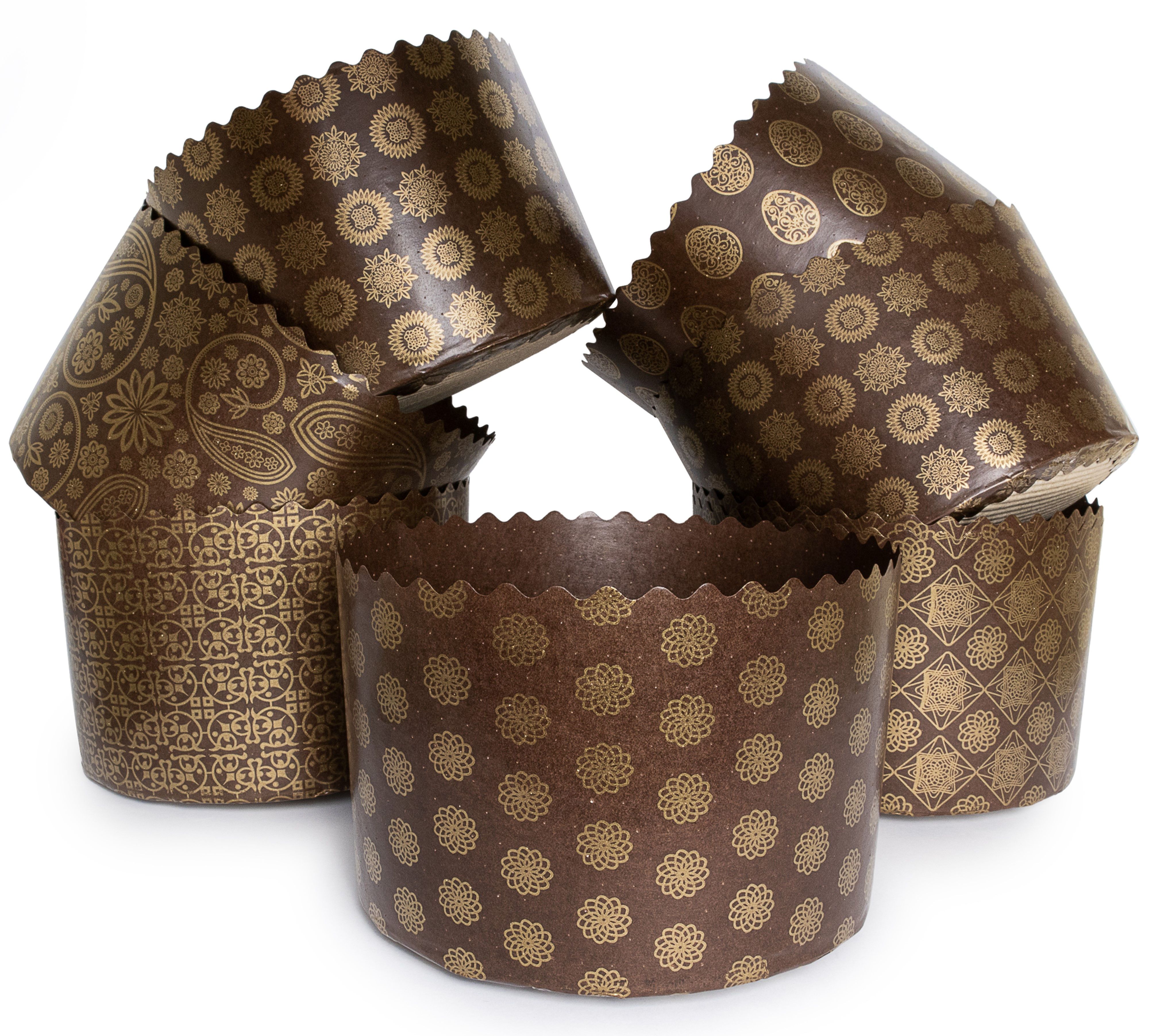 15 oz Round Panettone Paper Mold Golden-Bird Brown Design - 12 Pack