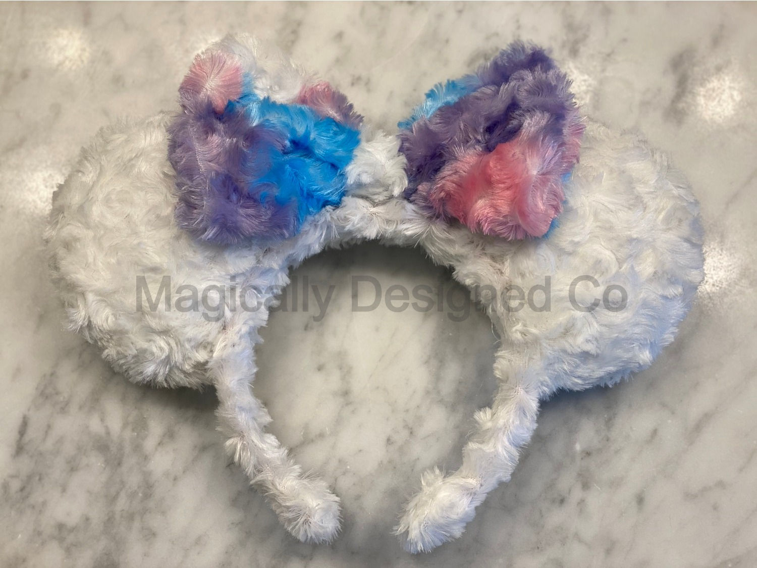 Jumbo Fuzzy Cream Mouse Ears - Cotton Candy Rainbow Big Bow