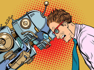cartoon of a man bumping heads with robots