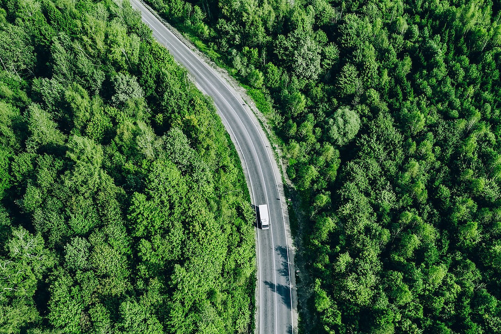 Van driving through a forrest as a metphore for United-UK ssustainable non-food supply for