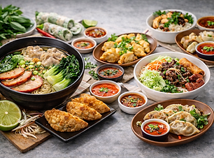 Vietnamese food spread featuring pho noodle soup, dumplings, fried spring rolls, vermicell