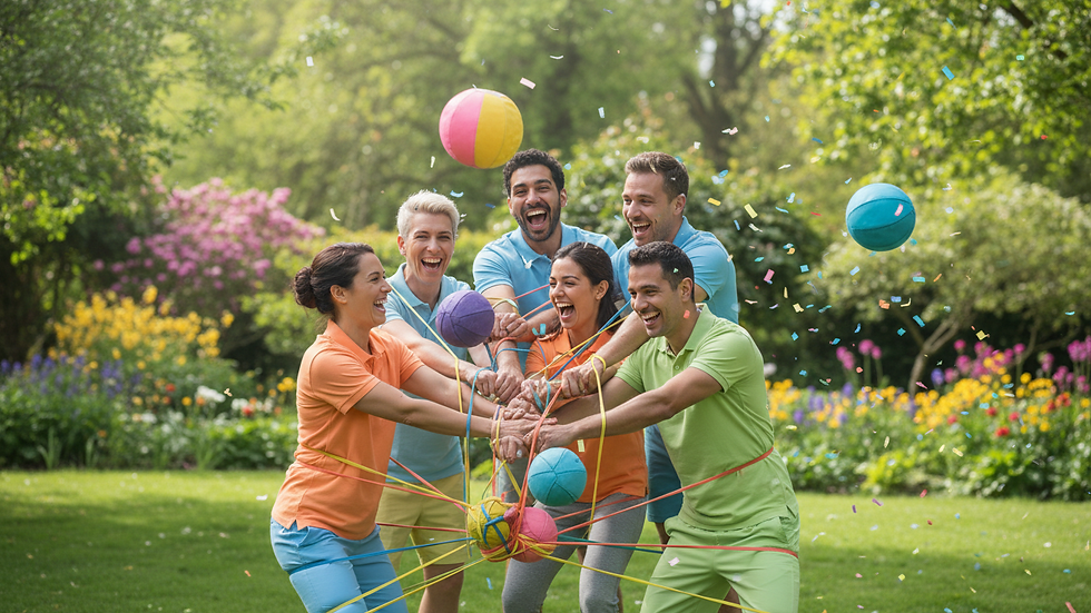 Close-up van een kleurrijke teambuilding activiteit in een groene buitenruimte