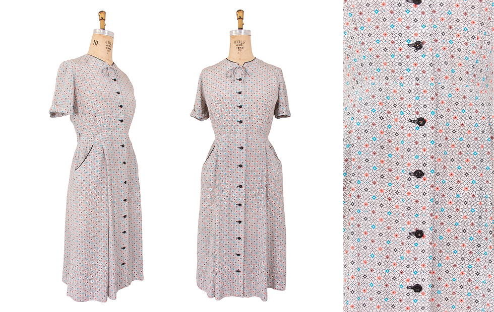 Thumbnail: 1950's Rayon Dress w/Pockets and Colorful Diamond Print