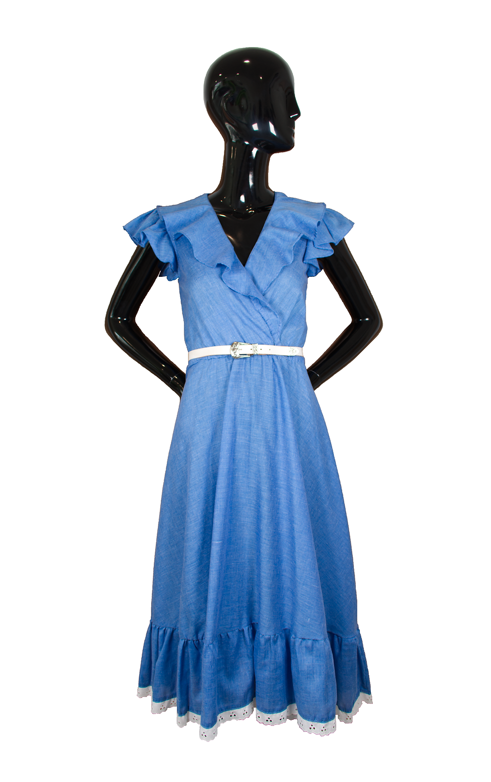 Thumbnail: 1970's We 3 Ltd. Blue Chambray Ruffle Dress w/Belt