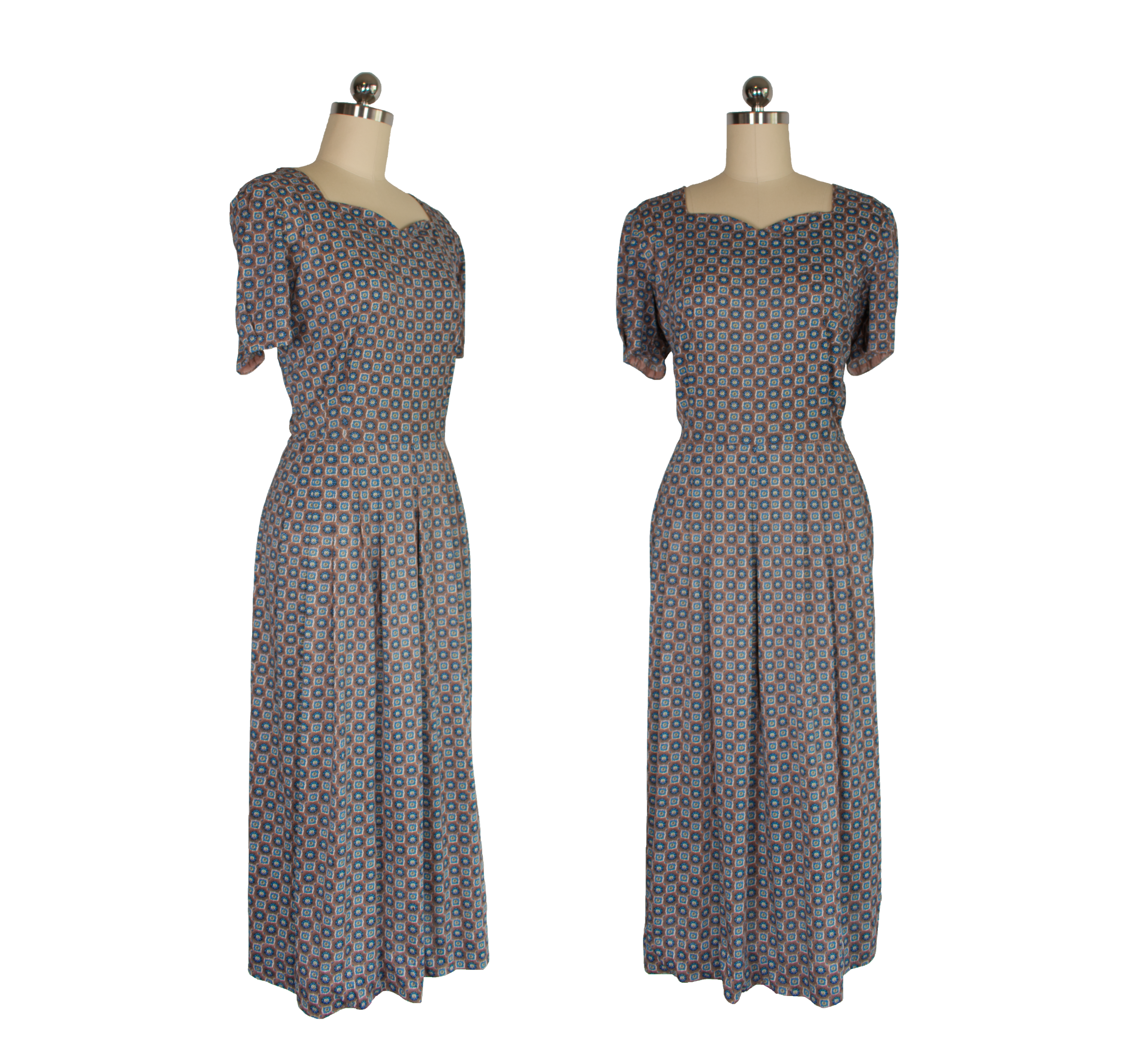 1960's Blue/Taupe Shirtwaist Dress w/Pattern and Scalloped Neckline