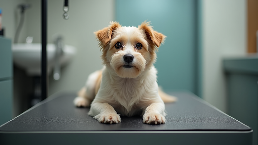 Eye-level view of a calm dog sitting on a grooming table with a non-slip mat