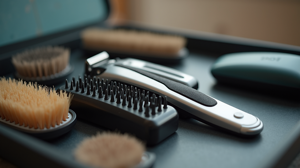Close-up view of a neatly arranged pet grooming kit with brushes and clippers