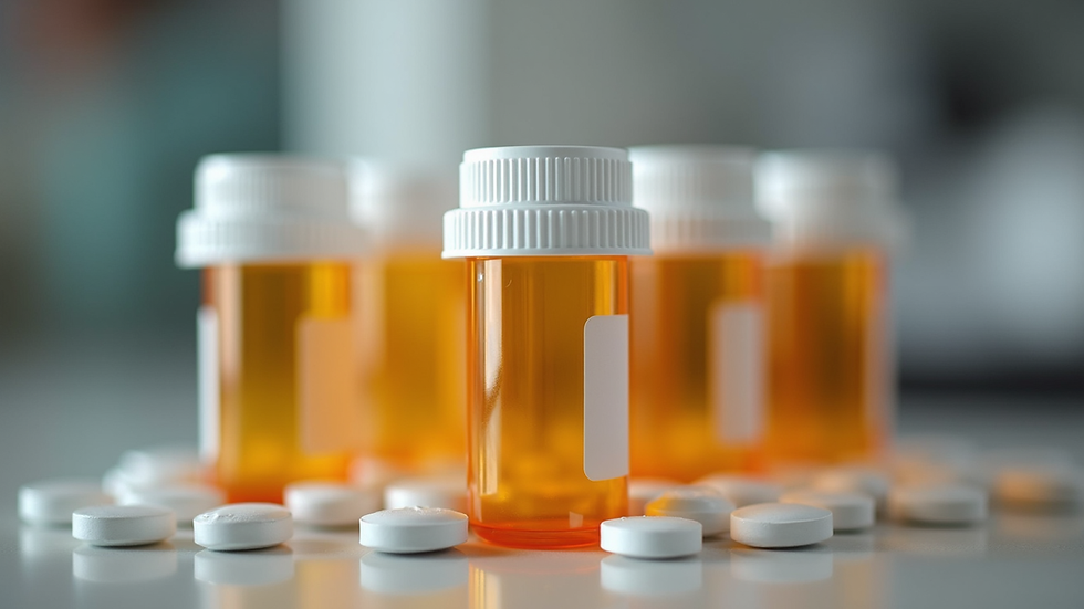 Close-up view of prescription medication bottles arranged neatly